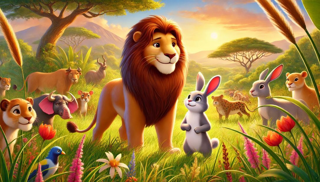 A mighty lion named Leo and a clever rabbit named Ruby stand together in a lush savannah filled with tall grasses and vibrant wildlife, surrounded by animals looking on with admiration.