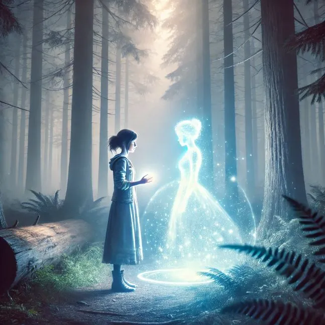 Clara communicating with a glowing ethereal spirit in a misty forest, surrounded by tall trees and mystical light.