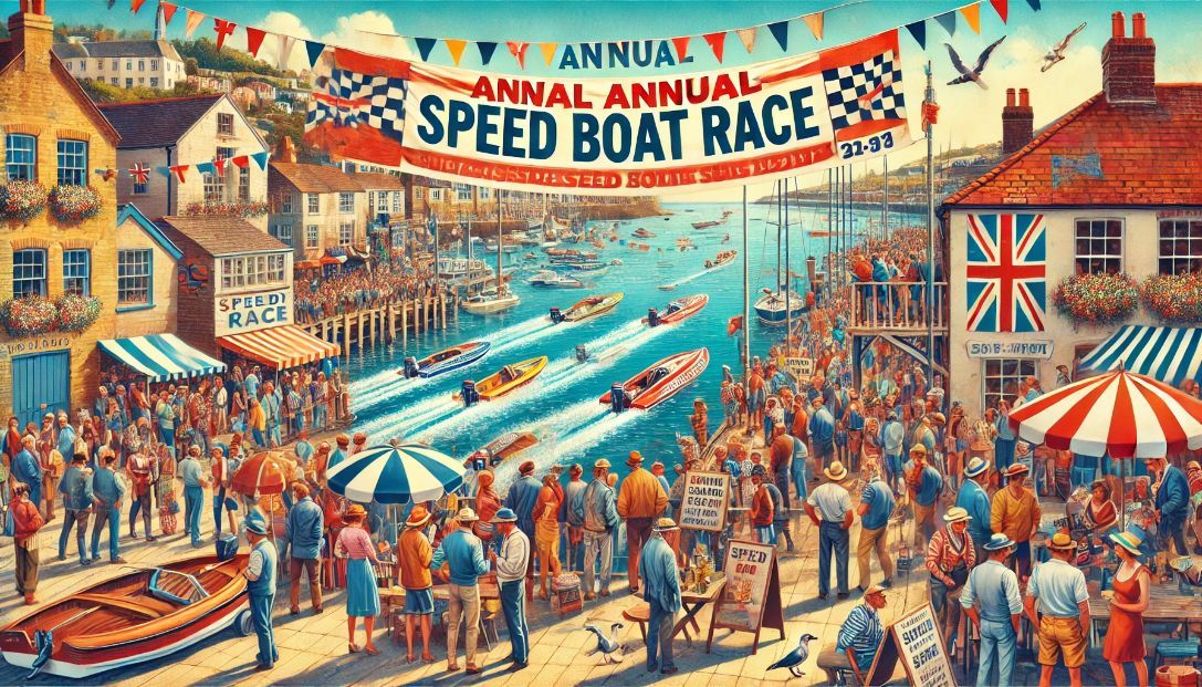 A vibrant coastal town with colorful banners and posters announcing an annual speed boat race. The scene is lively with people of all ages gathering at the docks, eagerly discussing the event.