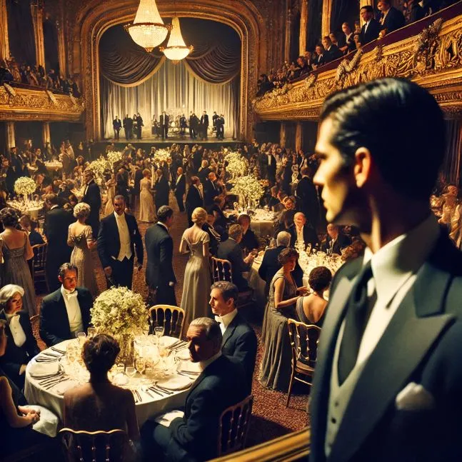 Grand gala event at the Orpheum Theater with elegantly dressed guests and Agent Alex Reynolds disguised as a stagehand.