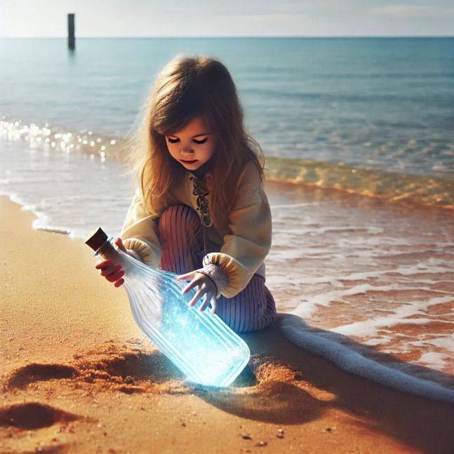 Young girl Elara finds a glowing bottle half-buried in the sand on a sunny beach with waves gently lapping the shore.