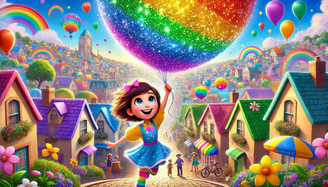 Lily holding a giant, shimmering rainbow balloon. The town is colorful, with rainbow-painted rooftops, flower-lined streets, and people smiling and waving. The sky is filled with rainbow balloons, creating a joyful and hopeful atmosphere.