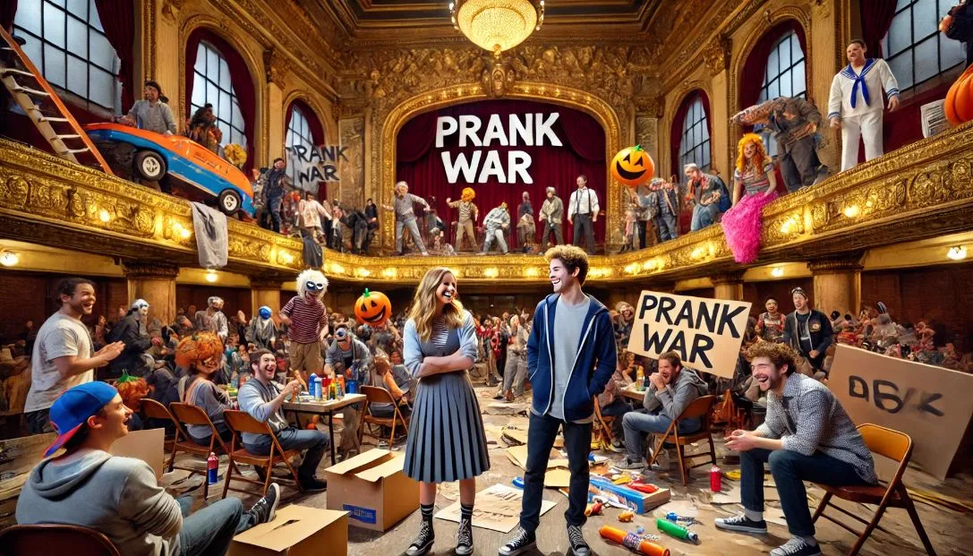 The historic Orpheum Theater bustling with activity, transformed for a prank war with humorous props, stage crew laughing, and actors in playful costumes. Max and Sarah are at the center, planning their next prank.