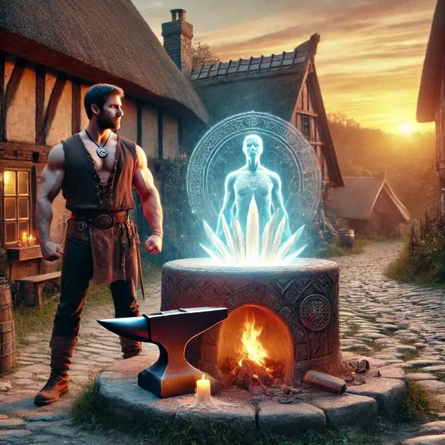 A medieval blacksmith stands before a glowing altar as a spirit materializes, with a tranquil village in the background at sunset.