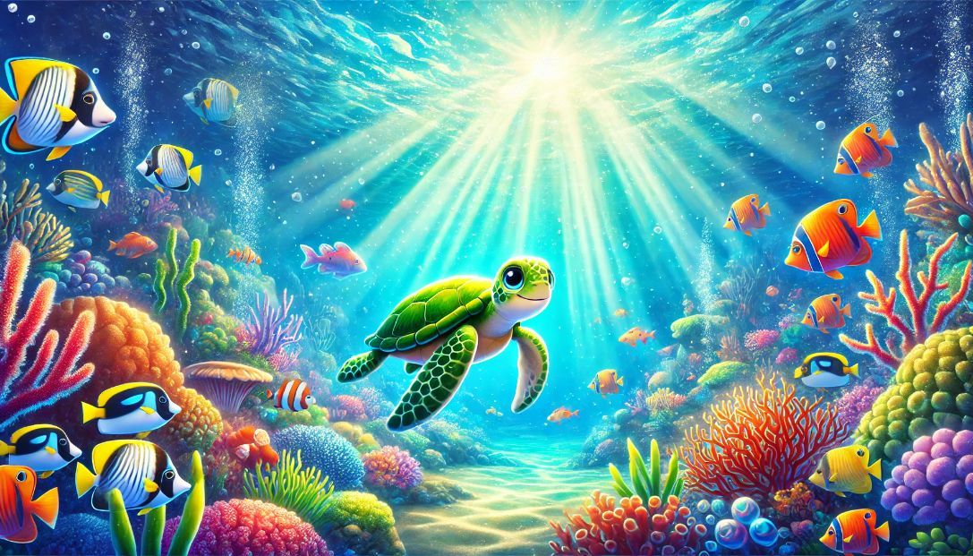 A vibrant underwater scene in the Great Blue Ocean, featuring Tommy the Turtle swimming with colorful fish and exploring coral reefs.