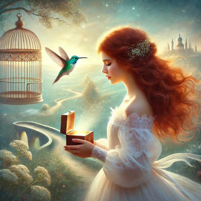 A young girl with flowing red hair in a white dress opening a small box with a hummingbird flying out of it. The background features a dreamy, surreal landscape with a birdcage in the upper part and soft, ethereal light illuminating the scene.