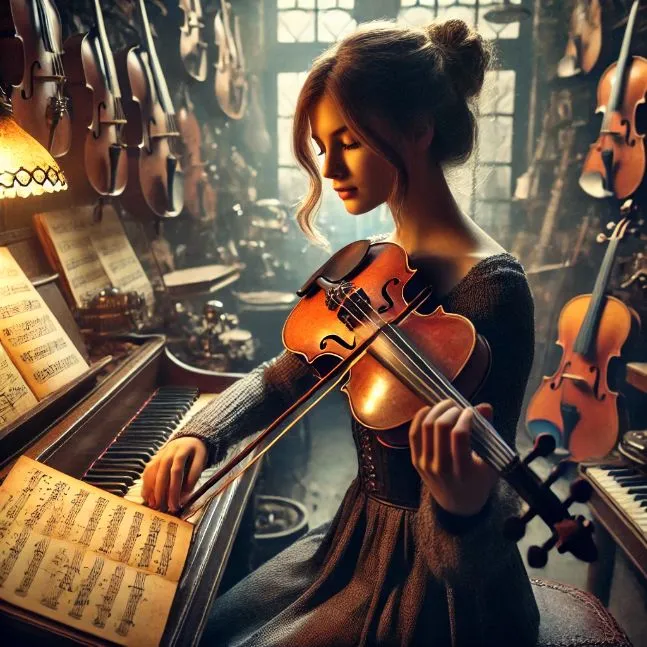 A female violinist playing an old, dusty violin in a quaint, antique music shop in Paris, surrounded by musical instruments and sheet music. An ancient songbook glows on a nearby stand, creating a sense of history and mystery.