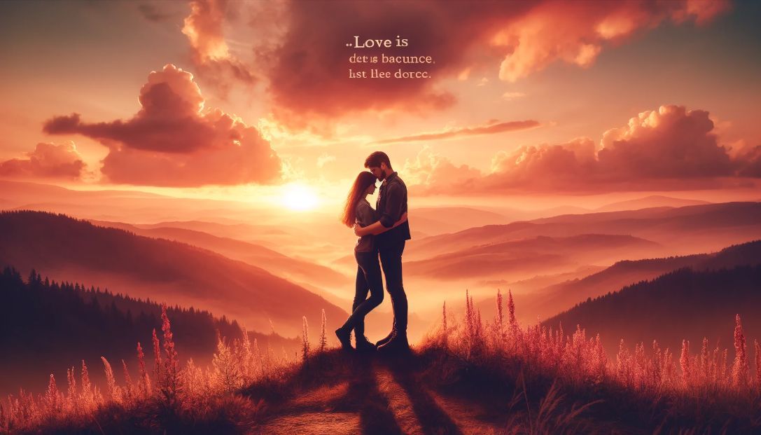 A couple in a loving embrace, standing on a picturesque hilltop during sunset with the sky painted in warm hues of orange and pink. A quote about love is beautifully written in the background.