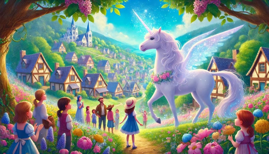 Magical scene of the quaint town of Maplewood with a shimmering unicorn named Elysia standing next to a curious girl named Lily. They are surrounded by blooming flowers and whispering trees under a bright summer sky.