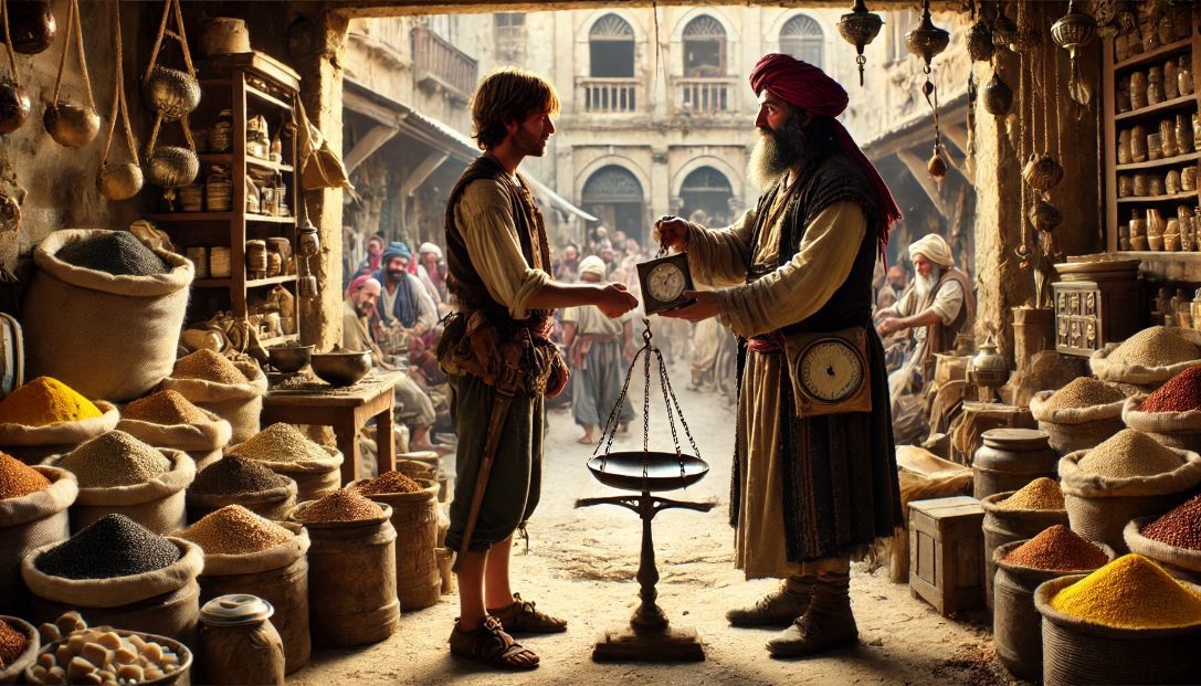 Marcus, the honest merchant, standing in his small shop in a bustling marketplace, receiving an old traveler who offers him a pair of old, dusty scales.