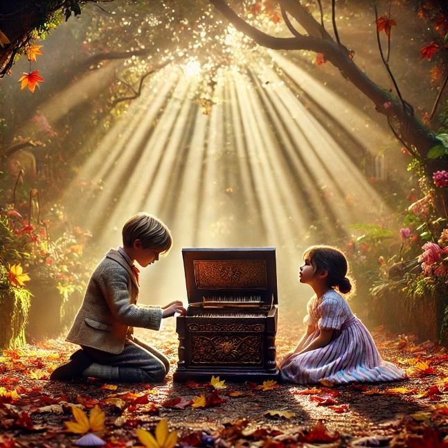 ily and Max kneel beside a music box in the secret garden, surrounded by colorful autumn leaves. The box is old and dusty, with a mysterious aura.