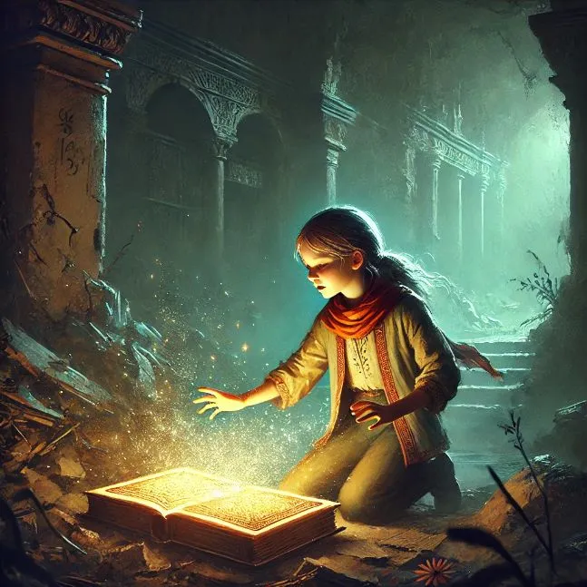 A young girl named Liora discovering an ancient glowing book in a decrepit library buried under rubble. The scene is eerie, with faint whispers carried by the wind.