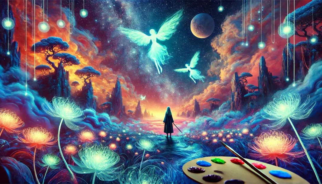 A surreal landscape with a starry night sky, vibrant colors, luminescent flowers, and floating islands connected by light bridges. Amara, the painter, explores while ethereal beings with light wings guide her.