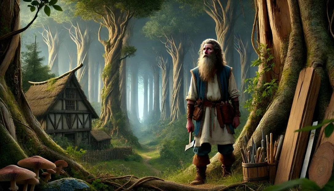 Thomas, a skilled woodworker, stands at the edge of an ancient, enchanted forest near a small village, thoughtfully preparing to enter with his woodworking tools.