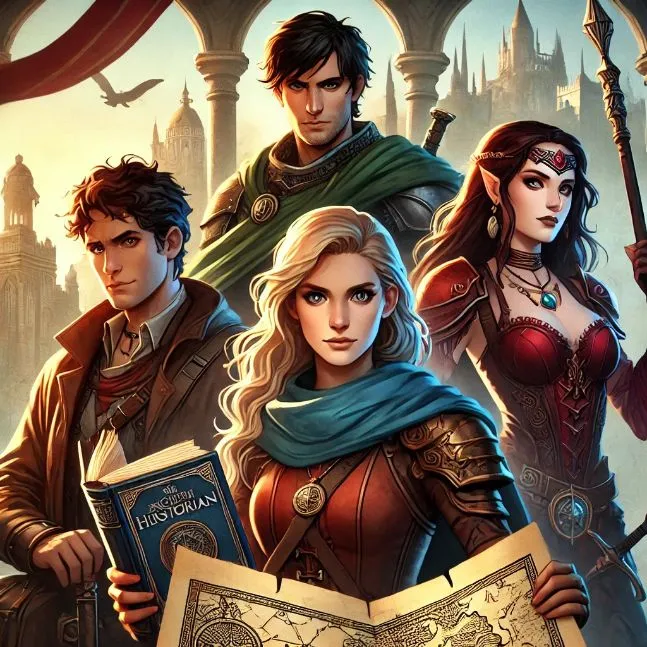 The main characters of "The Shattered Crown" - a young historian, a fierce warrior, a cunning rogue, and a powerful sorceress, ready for their journey with a map and manuscript, set in an ancient kingdom.