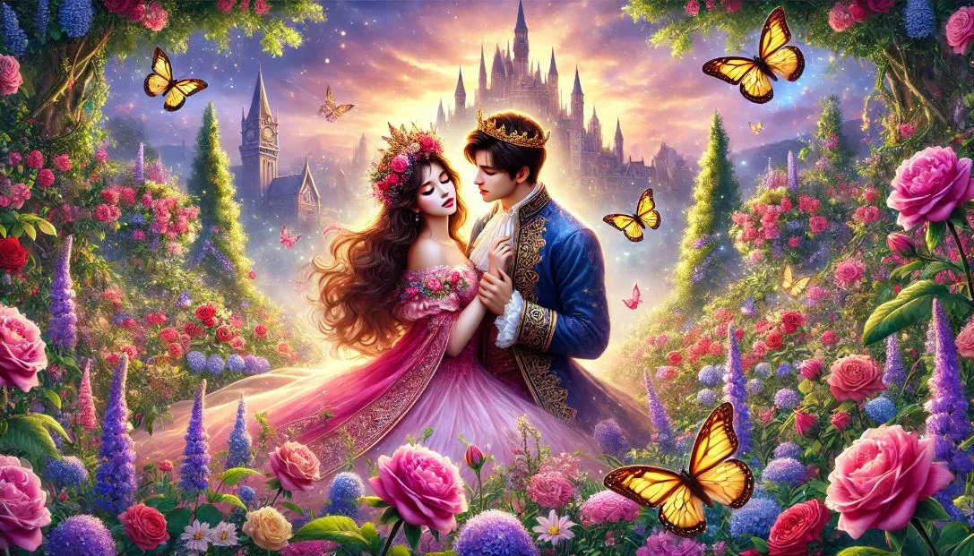 A prince and princess embrace tenderly in a colorful garden filled with vibrant flowers and butterflies, with a majestic castle in the background and a magical, glowing sky.