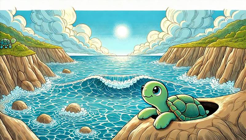 Timmy, the small turtle, peeking out of his cove at the vast ocean under a bright, sunny sky.