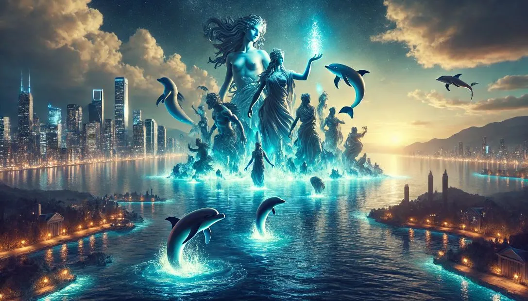 A wide fantasy scene showing the ocean of Crystal Bay with majestic water sculptures, including dolphins, whales, and humanoid guardians, emerging from the glowing water.