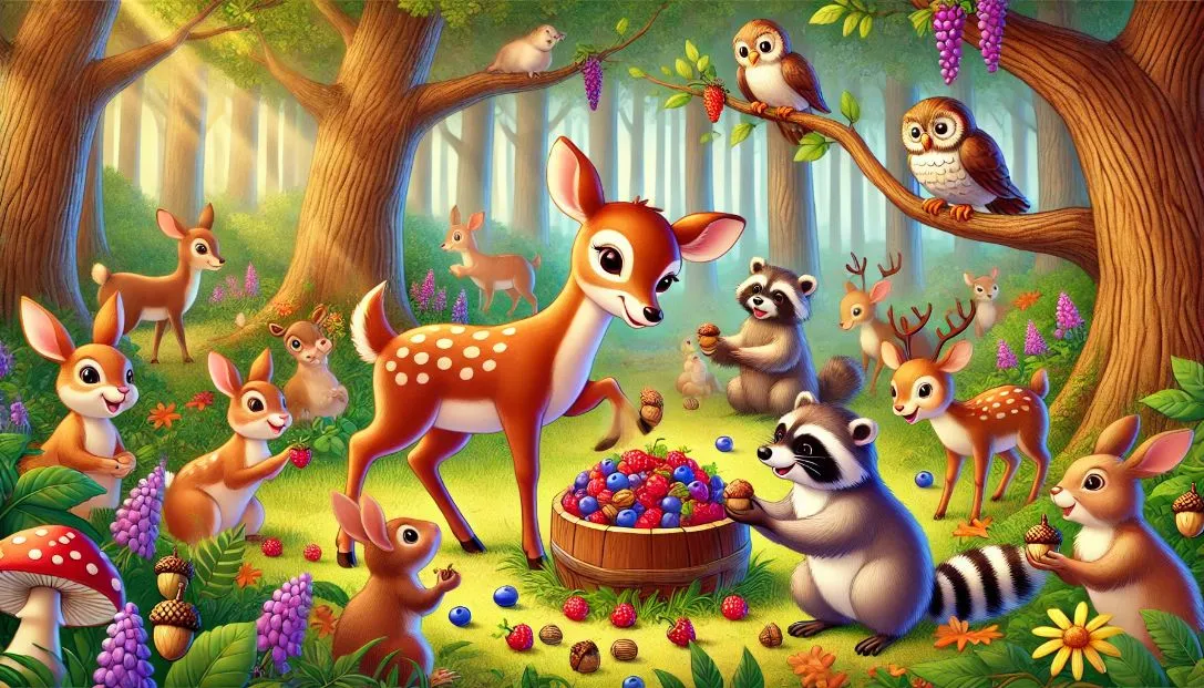 Daisy the deer shares berries while Ricky the raccoon distributes acorns to various forest animals, with Olivia the owl watching from a branch.