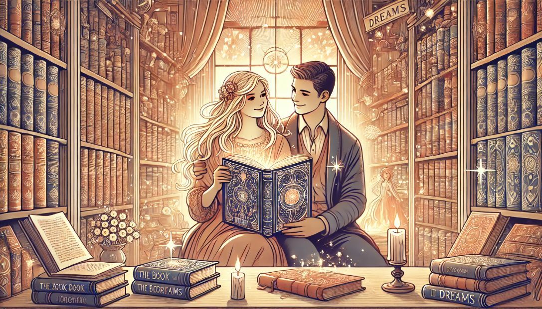 A woman and a man sitting together by a fireplace in an old bookshop, surrounded by shelves of ancient books, holding an intricately designed book titled 'The Book of Dreams' and looking at each other with love and warmth.