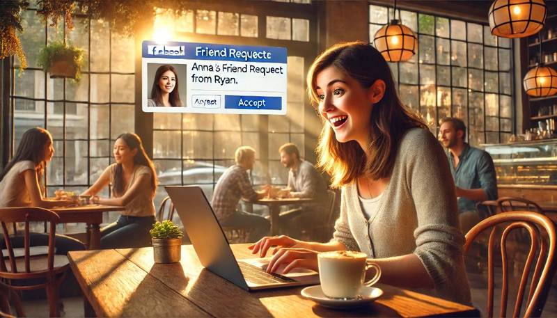 Anna sits in a bustling coffee shop with her laptop open, displaying a Facebook notification of a friend request from Ryan. Sunlight streams through the window, illuminating her excited expression as she clicks Accept