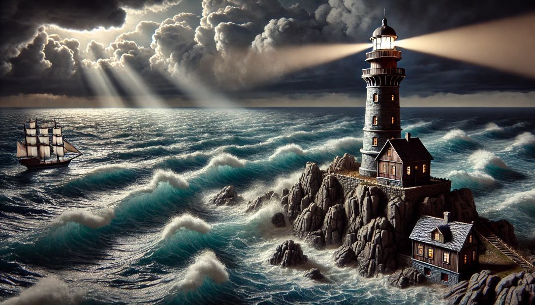 Beacon, a small but sturdy lighthouse, stands on a rocky cliff overlooking a stormy sea. Its bright light cuts through the darkness, guiding ships safely.