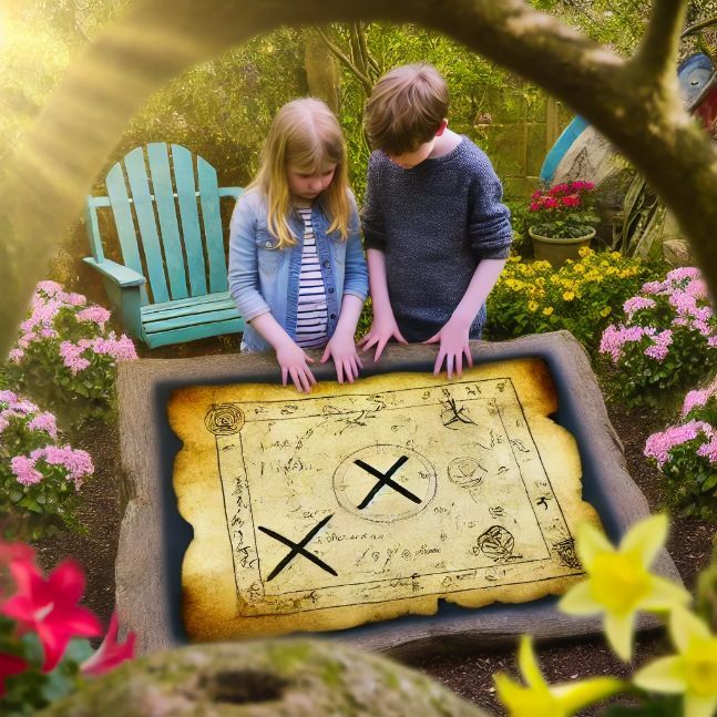 Lily and Max examine a weathered map in the secret garden, surrounded by blooming flowers and sunlight. The map is marked with mysterious symbols and an X, hinting at hidden treasure