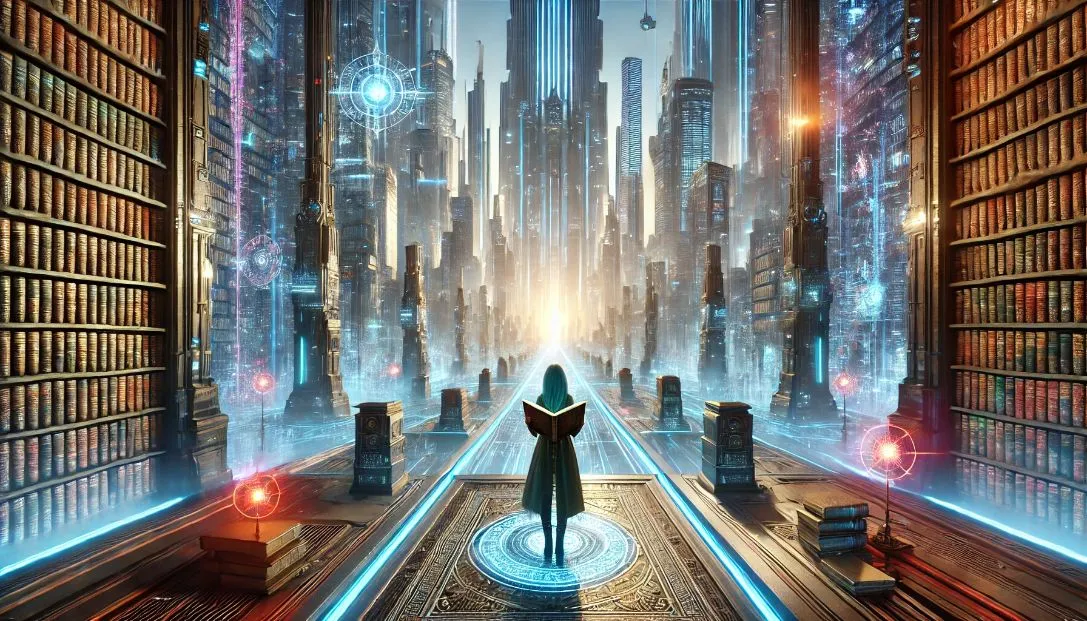 Elara Stone in a futuristic cityscape, holding an ancient book in a vast underground library with holographic displays and printed books, set against soaring skyscrapers and neon pathways.