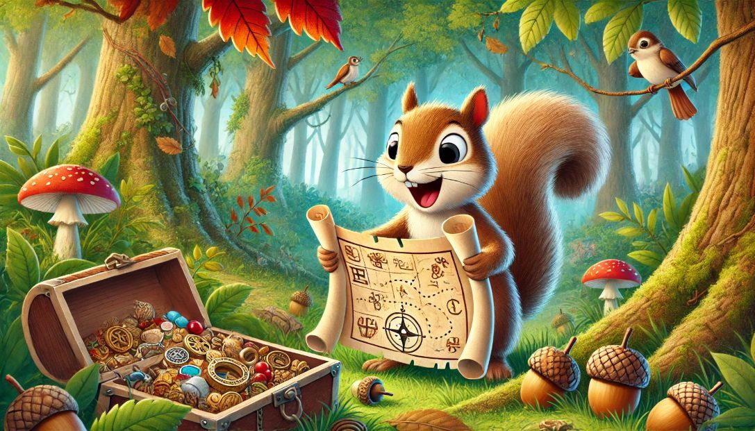 In a bustling woodland, Sammy the Squirrel discovers a mysterious old map among his collection of treasures, surrounded by colorful leaves and acorns.