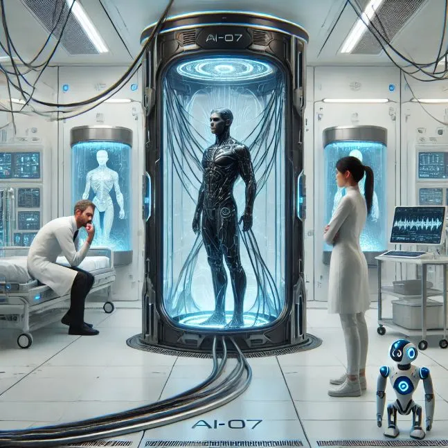 Futuristic room with advanced machinery. A man with robotic features, Robert, is connected to a black console with blue lights. A female scientist, Dr. Evelyn Marsh, and a small robot, Ai-07, are present.