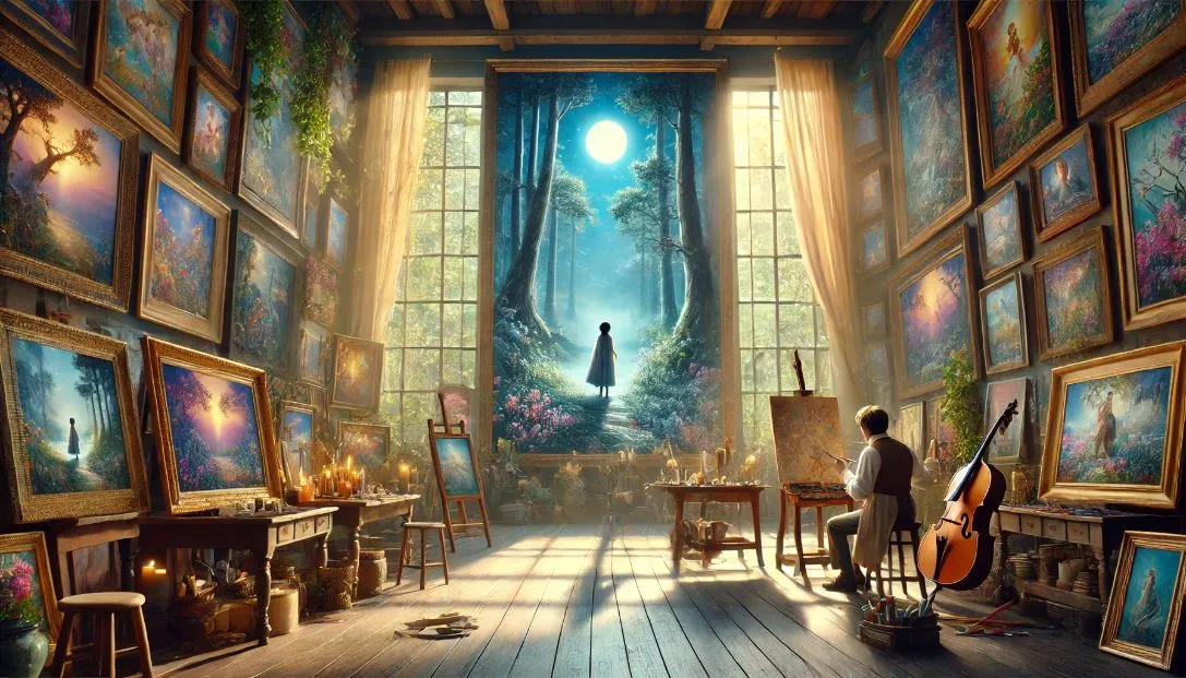 An enchanting studio with paintings, the centerpiece titled 'The Enchanted Muse,' showing a moonlit forest glade. The studio is softly lit, with artist Elara painting and poet Alaric reading poetry, capturing the harmony of art and poetry.