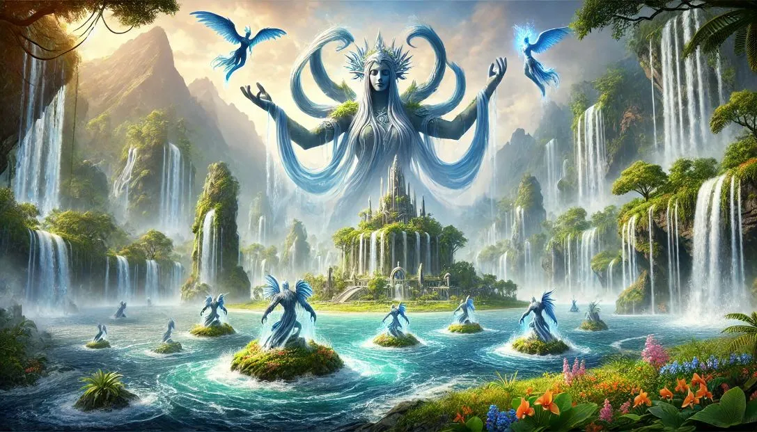 A wide fantasy scene of the mystical Lyrian Isle with living water sculptures and lush greenery, capturing the island's magical and harmonious atmosphere.