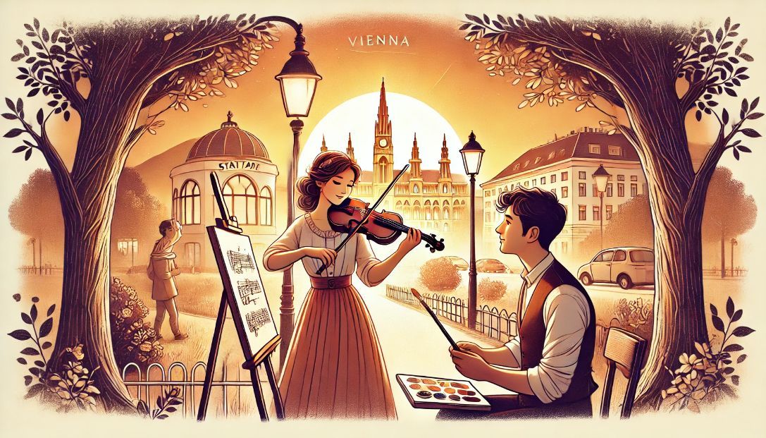 Romantic scene in Vienna with a violinist playing in Stadtpark at sunset and a painter watching her intently.