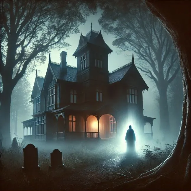 Eerie old manor house surrounded by dense fog and dark trees, with a ghostly figure of a nobleman standing by the entrance, illuminated by an ethereal glow.