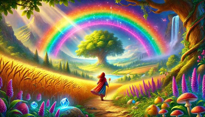 Elara stands at the beginning of a magical rainbow, surrounded by golden grains, fruit-laden trees, and precious stones.