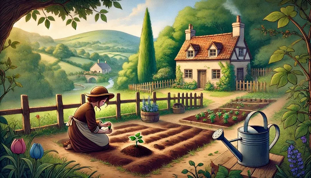 Lily, a gardener, lovingly planting a seed in rich soil in her small garden behind a cottage in a peaceful village, with the spot still bare.