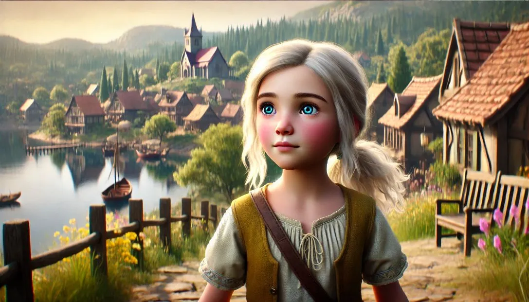 A young girl named Lyra stands in the quaint village of Eldoria, surrounded by rolling hills and a shimmering lake. She looks out towards the horizon with curiosity and wonder in her eyes