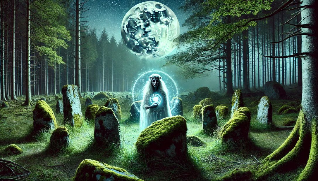 A mystical forest clearing under the full moon, with ancient moss-covered stone circles bathed in moonlight. In the center stands a glowing ethereal woman holding a silver amulet, surrounded by tall, dense trees