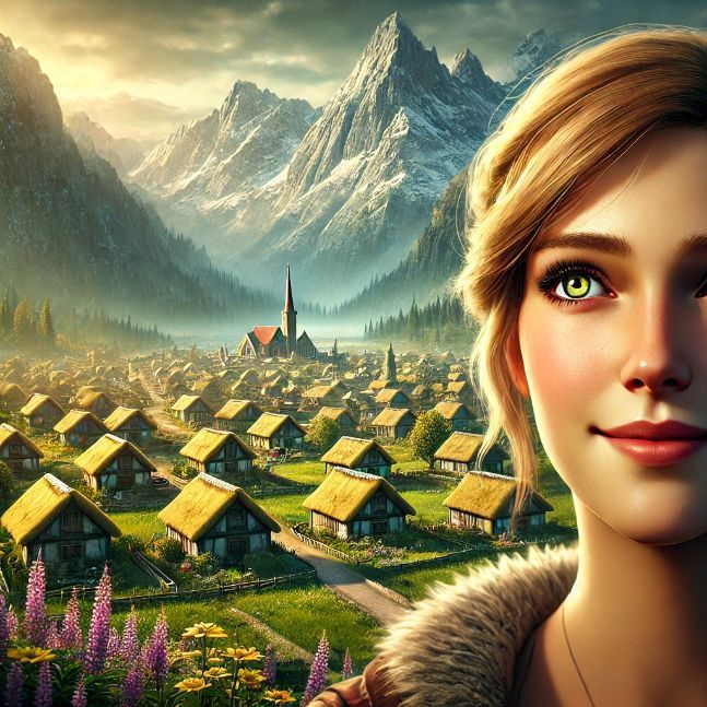 A picturesque village named Eldergrove, nestled between towering mountains and lush green fields. In the center, Elara, a young woman with a bright smile and kind heart