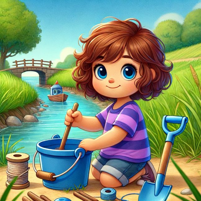 A little girl named Marlo with short, curly brown hair and a striped purple shirt is outside by a narrow stream. She is holding a blue bucket, a small blue shovel, some sticks, and a spool of string