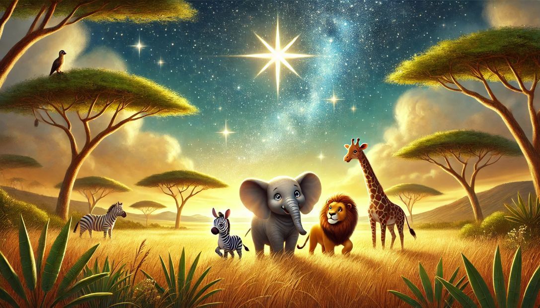 A vast, golden savannah under a starry sky with Ella the Elephant and her friends, Zara the zebra, Leo the lion cub, and Gina the giraffe, preparing for their adventure.