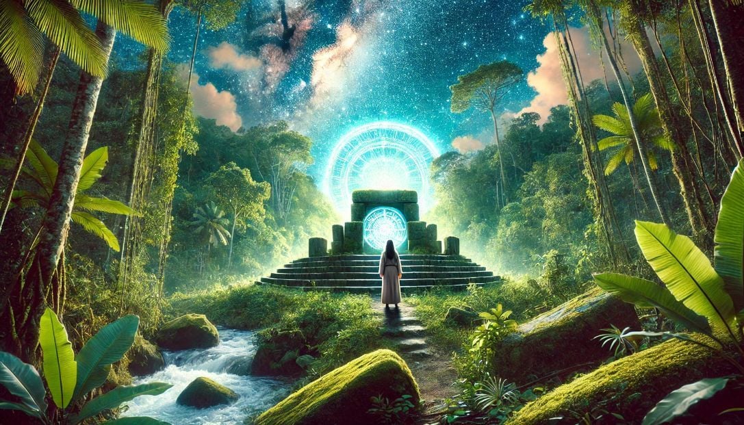 Dr. Elara Thompson standing at the ancient stone altar during a celestial alignment in the Amazon Rainforest. The altar, now a symbol of hope and renewal, is surrounded by lush vegetation