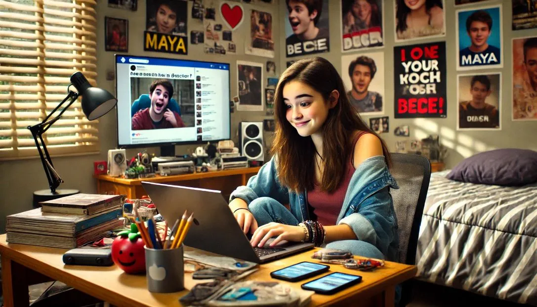 Maya, a tech-savvy teenager, sitting at her desk in her bedroom, browsing her social media feed with amusement as she comes across a meme mocking a fellow student.