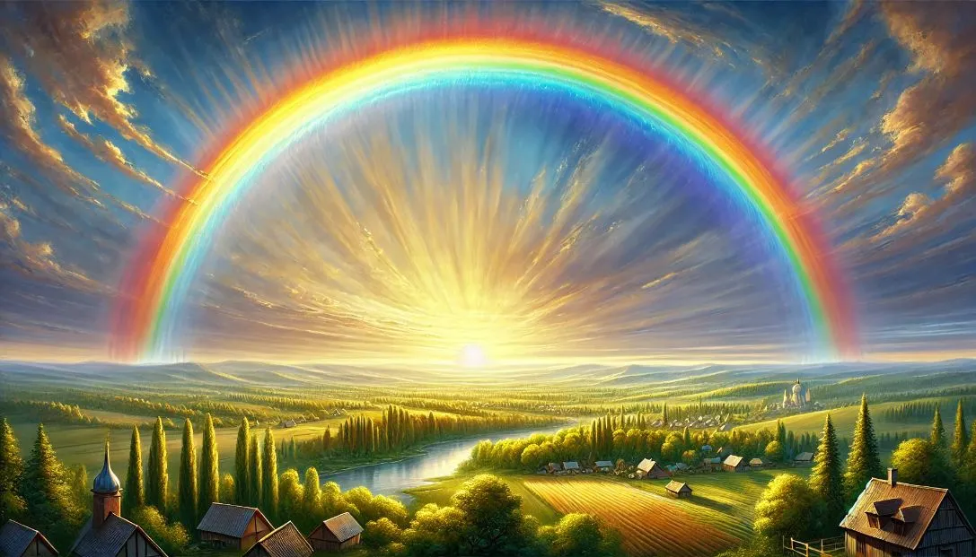 Raina, the living rainbow, stretches across the sky at sunrise over a peaceful village.