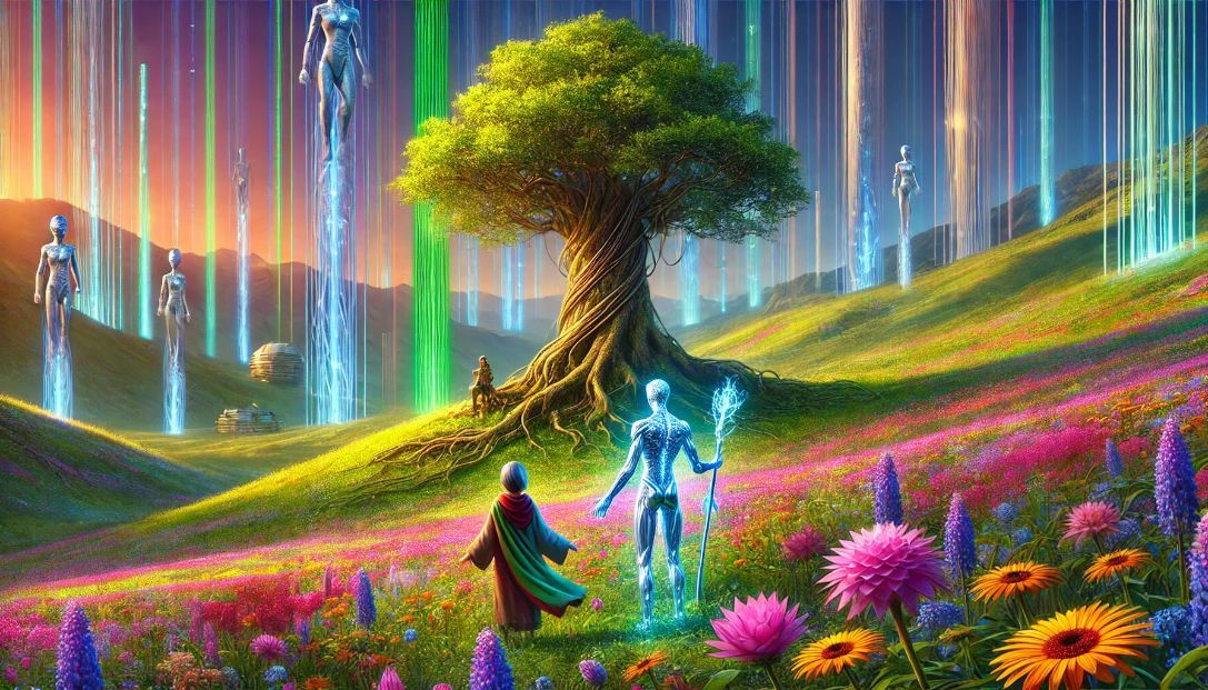 A vibrant digital meadow with rolling hills covered in vivid wildflowers interspersed with sleek, glowing silver towers. At the heart of the meadow stands a majestic Great Oak with roots entwined with cables of pure data.