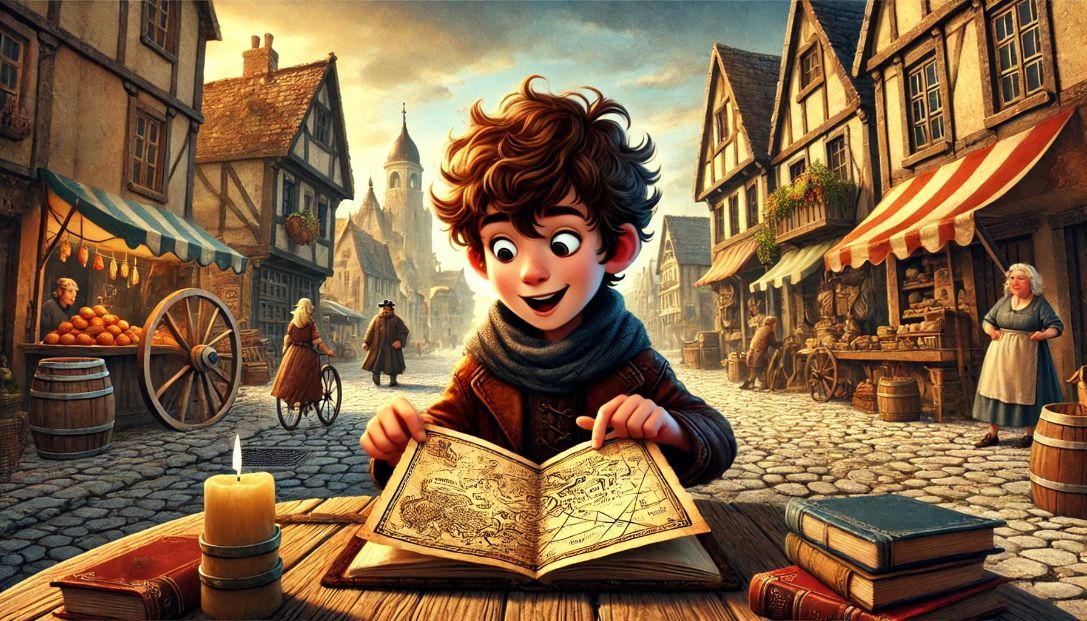 A quaint village with cobblestone streets and a bustling marketplace. In the center, a young boy named Finn, with tousled hair, is excitedly examining a mysterious map he found in an old book.