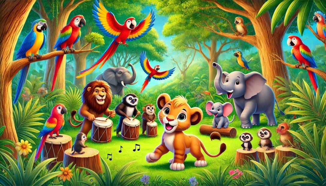 A vibrant jungle with Lola the lion cub and her friends preparing for a Jungle Jam with monkeys drumming, parrots singing, and elephants tapping.