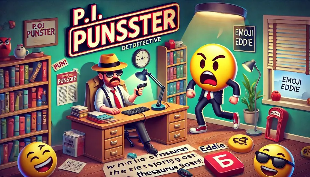 P.I. Punster, a detective with a fedora, in his pun-filled office. The scene is vibrant and cartoonish, with playful elements like a thesaurus on the floor. Emoji Eddie bursts in, looking frantic.