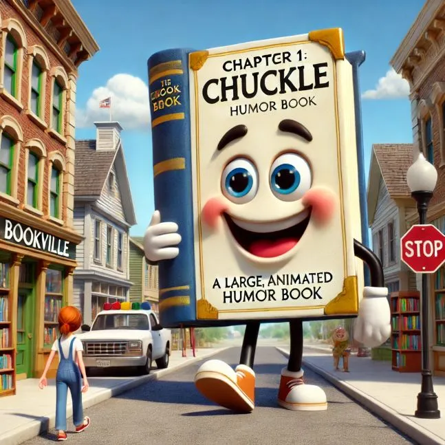 An animated humor book named Chuckle Pages stands outside the Bookville Library, with arms and legs, greeting other books with a cheerful expression.