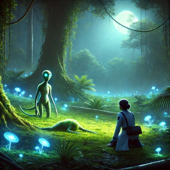 A lush, verdant planet with bioluminescent plants glowing in a forest. Dr. Elara Voss discovering an injured extraterrestrial being named Kael in a clearing.